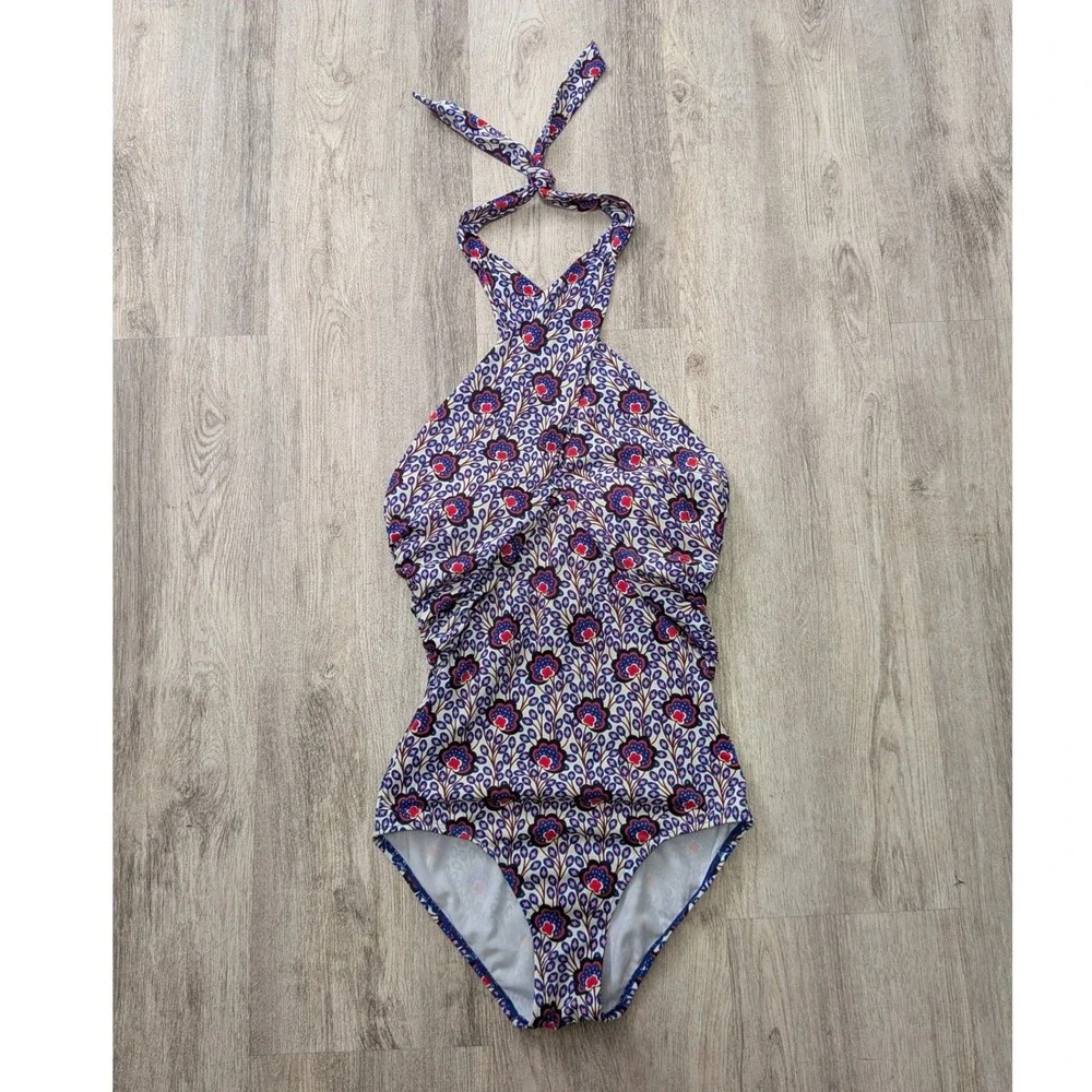 Boden Crete Floral Paisley Halter One Piece Swimsuit Blue Red Size US 4